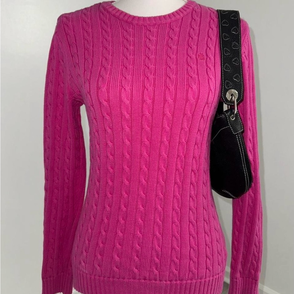Ralph Lauren Women’s Pink Cable Knit Sweater Fitted Cotton Pony‎ Logo